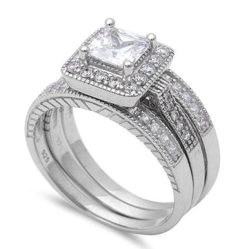 Halo Princess Cut Round Simulated CZ Wedding Trio Set 925 Sterling Silver